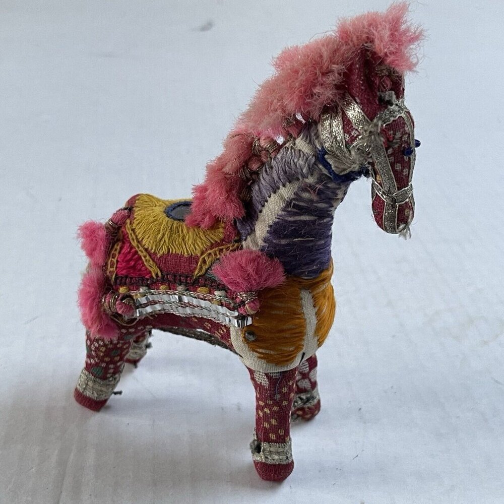 Vintage Hand Made Stuffed Embroidered Fabric Horse‎ India Folk Art Home Decor
